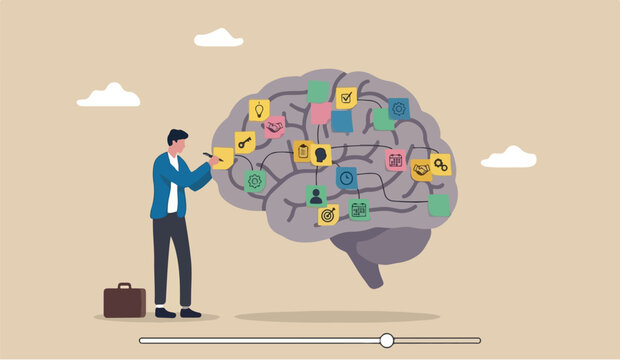 memo brainstorm scrum sticky notes productive plan memory or task reminder, mind map for work arrangement, thought and wisdom concept, businessman write sticky human brain