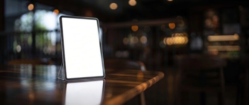 Blank digital tablet screen standing upright on a polished wooden table in a darkened interior setting with warm blurred background bokeh lighting