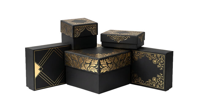 Elegant black gift boxes with gold accents friendship day present isolated on transparent background