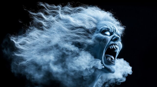 Screaming, ethereal female figure,  a chilling apparition in  icy mist,  with a  frenzied expression