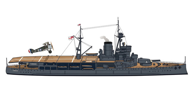British HMS Furious aircraft carrier from World War I with biplane taking off vector illustration