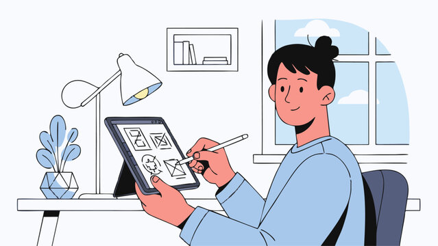 Designer Creating Ui Ux on Digital Tablet with Stylus at Desk