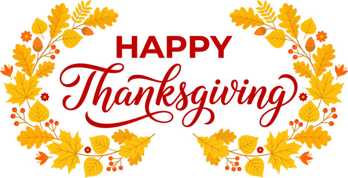 Happy Thanksgiving greeting card with yellow leaves and red text on transparent background