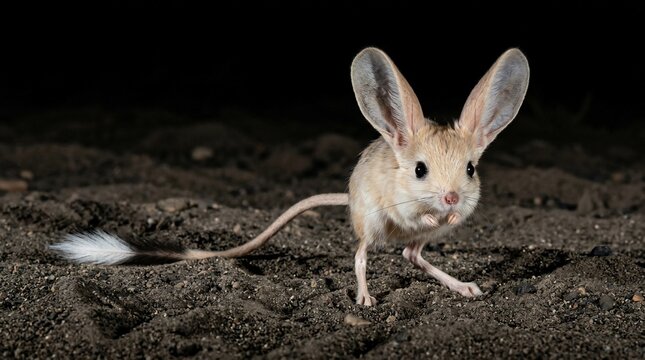 Long-eared jerboa standing on the sandy desert ground at night.
