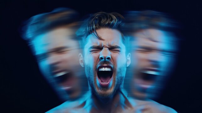 An emotionally distressed man screams with ghostly blurred faces on either side. Cold blue lighting and strong motion blur evoke psychological tension and inner turmoil.
