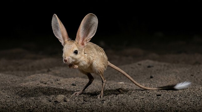 Long-eared jerboa standing on desert sand at night.