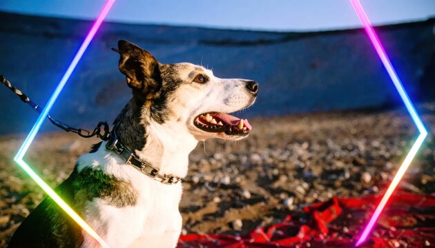 Dog sitting outdoors framed by neon geometric light border