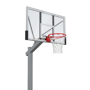 A basketball hoop with a red ball in mid-air towards the net isolated on transparent background