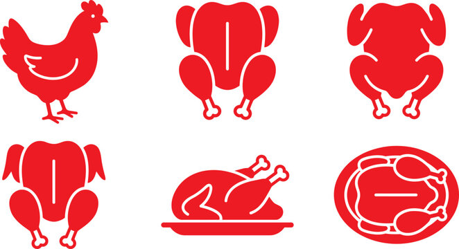 Red chicken and chicken meat icon set for food design  various cuts