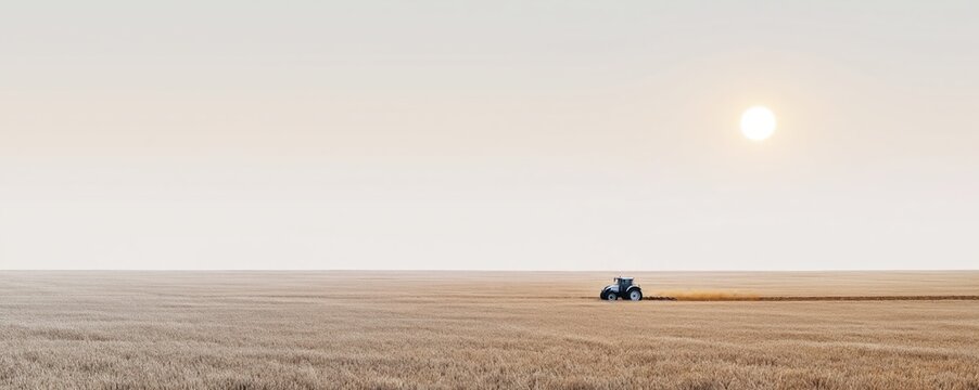 A desaturated tractor plows a vast wheat field under bright daylight. Minimalist composition highlights rural landscape and agricultural machinery.