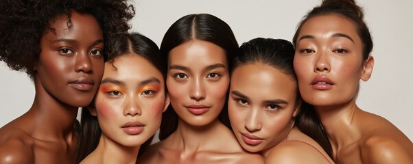 Obraz premium Photorealistic beauty portrait of five diverse women highlighting lips, hair, and jawlines. Ultra-detailed skin and soft studio light create a modern, minimal composition.
