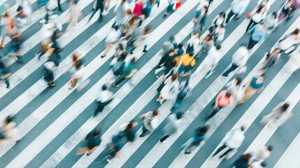Obraz premium A lively aerial shot of a crowded crosswalk in a modern city. Dozens of people in colorful clothing create dynamic motion and vibrant urban atmosphere.