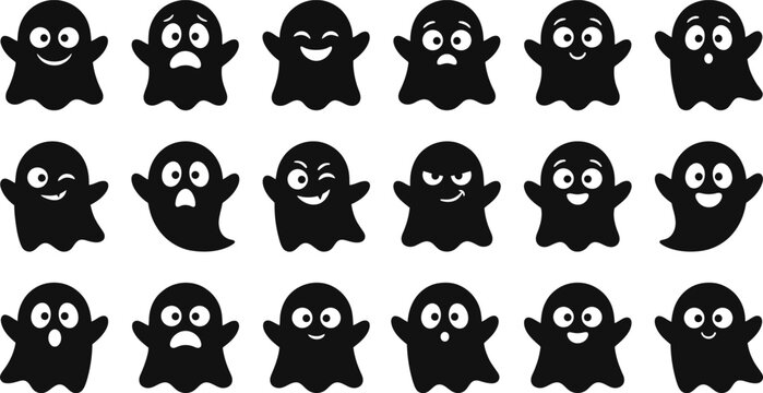 Set of cute cartoon ghost characters with different emotions on white background