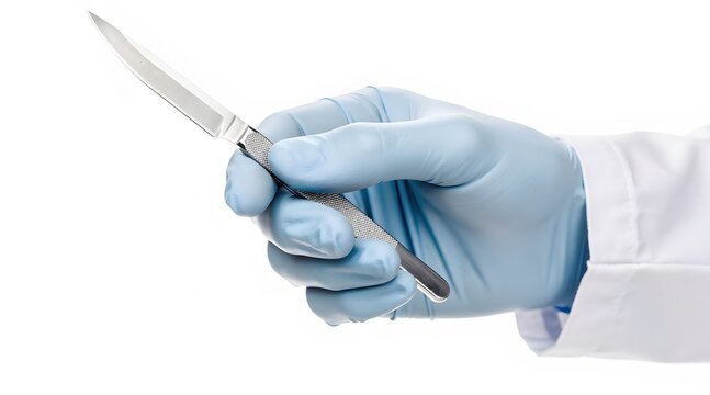Medical Professional Hand Holding Surgical Knife in Blue Glove