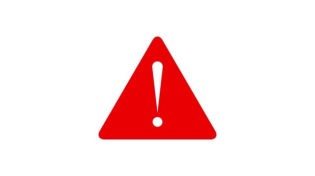 Red warning sign with exclamation mark animation on white background, caution alert danger.