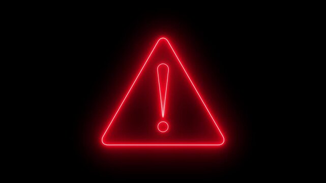 Neon red warning sign symbol glowing on black background, for alert and, safety notification danger caution.