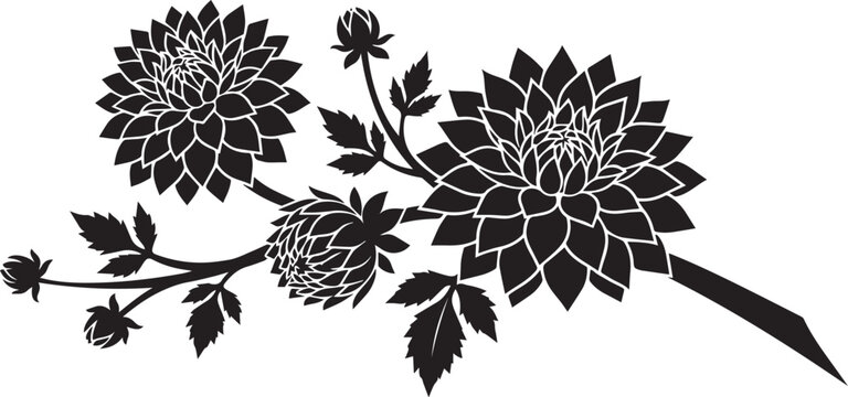 Black and white silhouette illustration of two blooming dahlia flowers on a branch with leaves silhouette botanical illustration monochrome