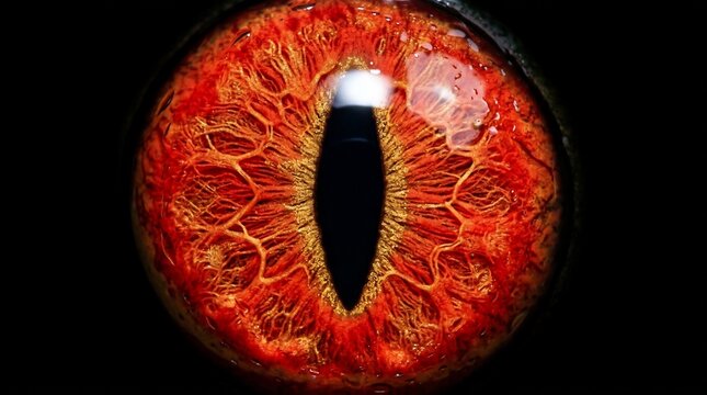 Macro close up of an intense glowing red reptilian eye.