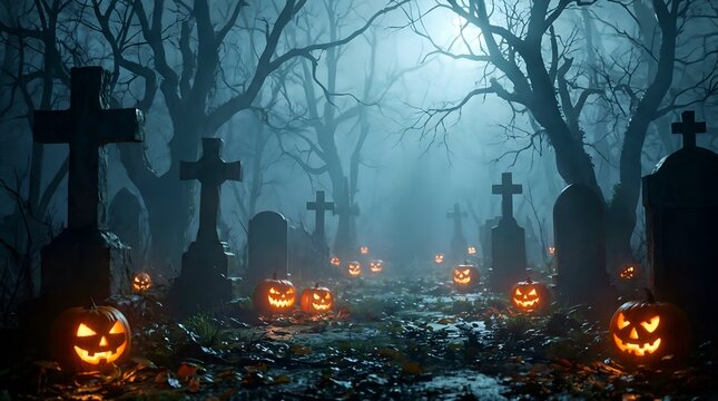 Spooky halloween pumpkins in a dark graveyard at night with moonlight falling.
