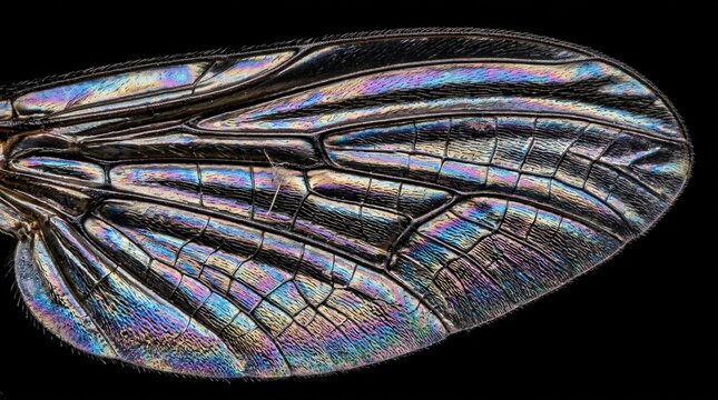 Macro close up of an iridescent insect wing showing complex venation patterns.