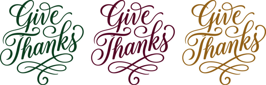 Three colorful give thanks phrases in decorative calligraphy font styles isolated on transparent background