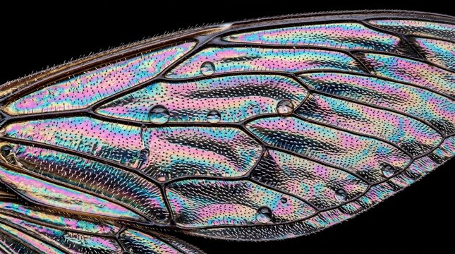 Macro Close Up of Cicada Insect Wing with Iridescent Patterns.