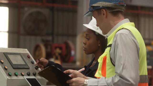 Corporate executives inspecting manufacturing operations while discussing production strategy with engineering professionals and factory workers inside an industrial facility.
