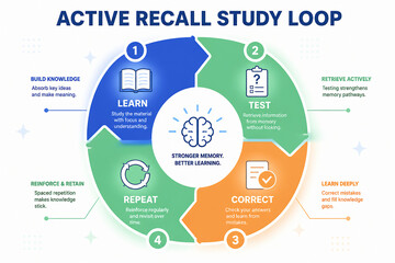 Naklejka premium A diagram illustrates the Active Recall Study Loop, detailing a four-step learning process: Learn, Test, Correct, and Repeat.