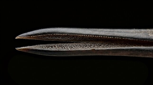 Macro Close-up of Surgical Metal Tweezers Isolated on Black Background.