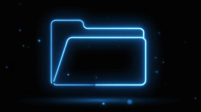 Neon blue outline of a folder icon glowing on a dark background with subtle particles