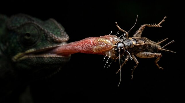 Macro photograph of a chameleon catching a grasshopper with its tongue.