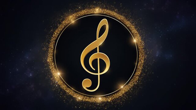 Golden treble clef rotating within sparkling glitter circle on dark starry background