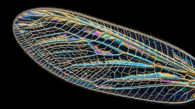 Macro photograph of a colorful dragonfly wing structure isolated on black background.