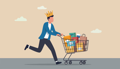 Customer is king, client want is most important, user experience customer walk centric marketing success strategy concept, happy man customer wearing king crown running with shopping cart ready buy © kadir