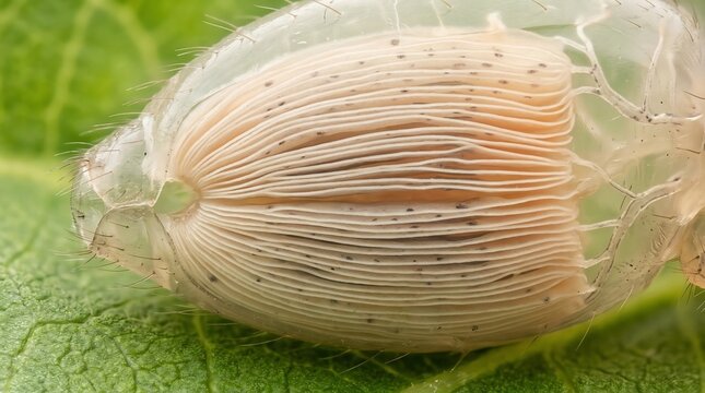 Macro photograph of a delicate insect egg laid on a green leaf.