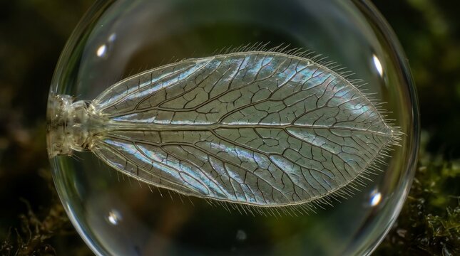 Macro photograph of a delicate insect wing inside a glass sphere.