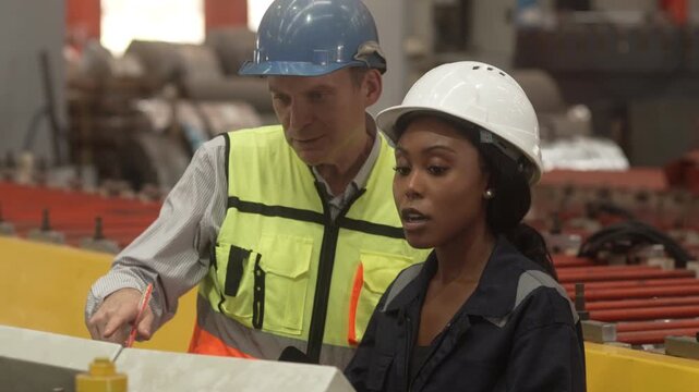 Corporate executives inspecting manufacturing operations while discussing production strategy with engineering professionals and factory workers inside an industrial facility.