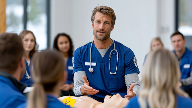 A group of emergency medical trainees sits facing a single instructor beside a life-size casualty simulation mannequin in a cinematic medium shot. Most participants are shown from