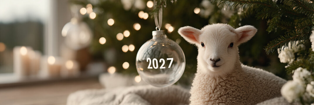 Adorable goat gazes softly beside glowing Christmas tree. Clear ornament reads '2027,' hinting at future holiday season. Warm lights and soft textures create cozy, festive mood