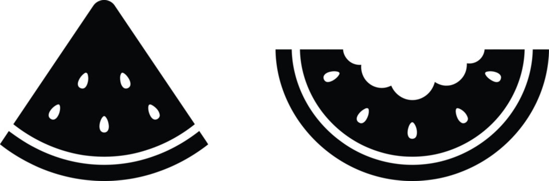 Black watermelon slice icons, fruit symbols, vector graphics, food illustrations