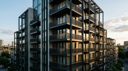 Obraz premium Modern luxury apartment building exterior at golden hour.