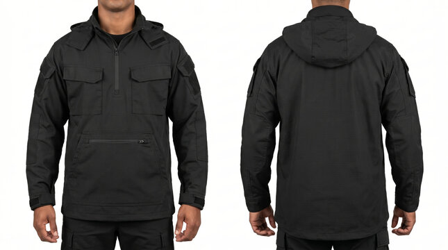 Front and back split of tan skin athletic male hands at sides in black hooded half-zip canvas anorak with flap chest, sleeve & zipped kangaroo pockets, black cargo pants. Mockup.