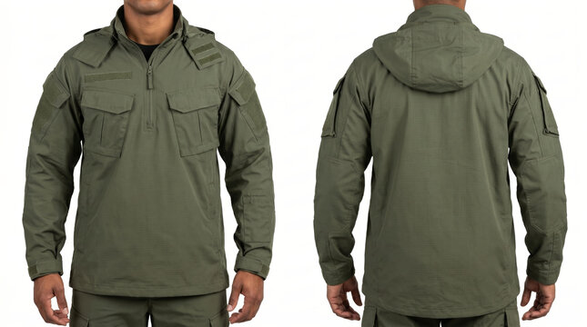 Front and back split of tan skin athletic male hands at sides in olive green hooded half-zip combat shirt with flap chest and sleeve pockets, matching olive cargo pants. Mockup.