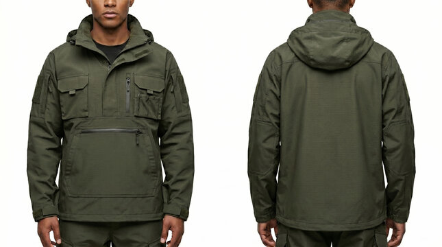 Front and back split of tan skin athletic male hands at sides in dark olive green hooded technical canvas anorak jacket with flap chest pockets, matching olive cargo pants. Mockup.
