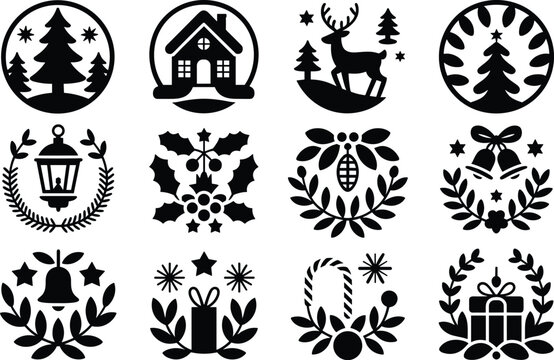 Christmas circles set with various winter holiday elements and festive decorations