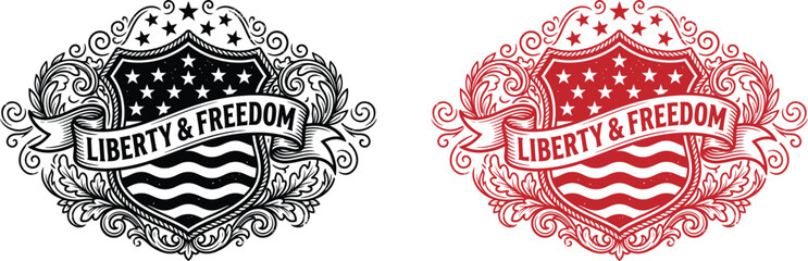 Patriotic shield emblems with liberty and freedom text and floral ornate frames, patriotism © MST