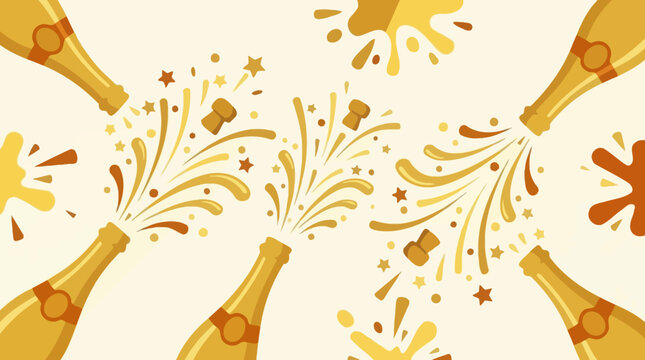 Golden champagne bottles pop open with festive splashes and stars