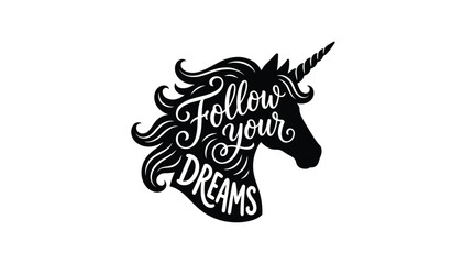 Unicorn head silhouette with swirling mane and decorative lettering silhouette © Shofiqul