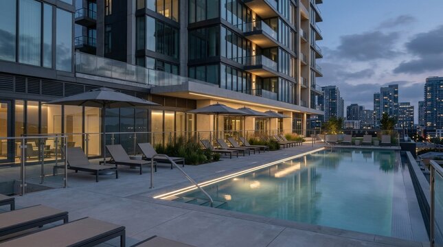 Modern luxury apartment complex with a rooftop swimming pool at dusk.