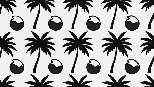 Seamless summer pattern with black palm trees and coconut icons on light grey background for tropical beach holiday theme.